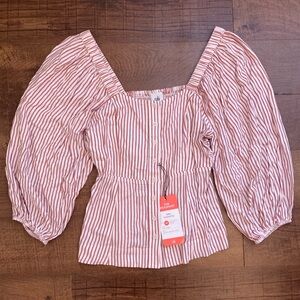 CAbi Carnival Red Stripe Puff Sleeve Blouse Boho Chic Peasant Top Women’s M NWT